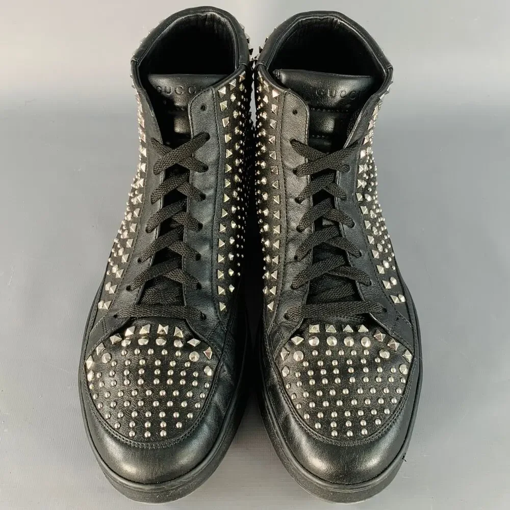 GUCCI Limited Edition Size 14 Black Silver Studded Leather High Top Sneakers